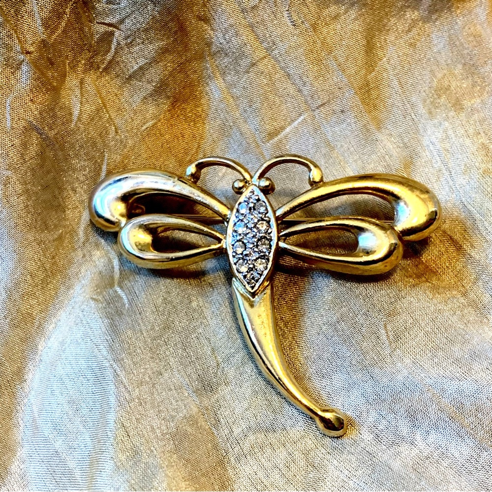 Vintage Signed Dragonfly Pin with Gold Metal and Crystals by Roman.